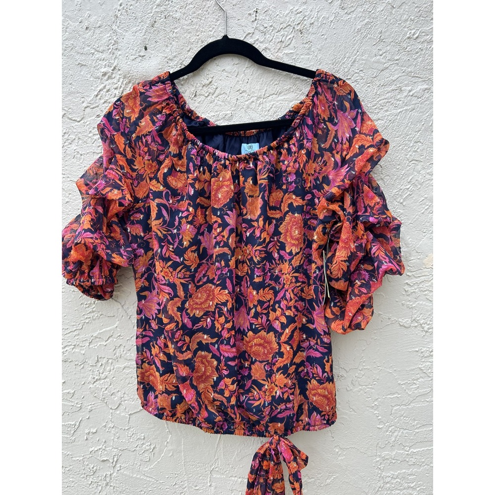 CeCe Wild Orchid Floral Ruffle Sleeve Metallic Blouse C191170G NWT Medium